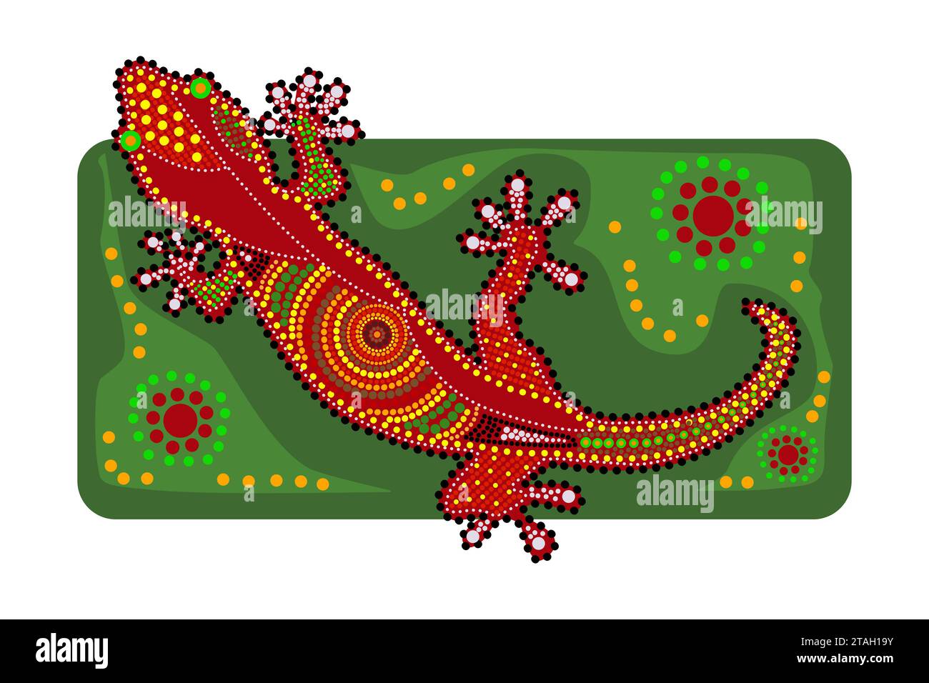 Lézard dans le style aborigène australien.Art indigène australien fond vert avec des points.lézard gecko ethnique décoratif.artisanat tribal aborigène. Illustration de Vecteur