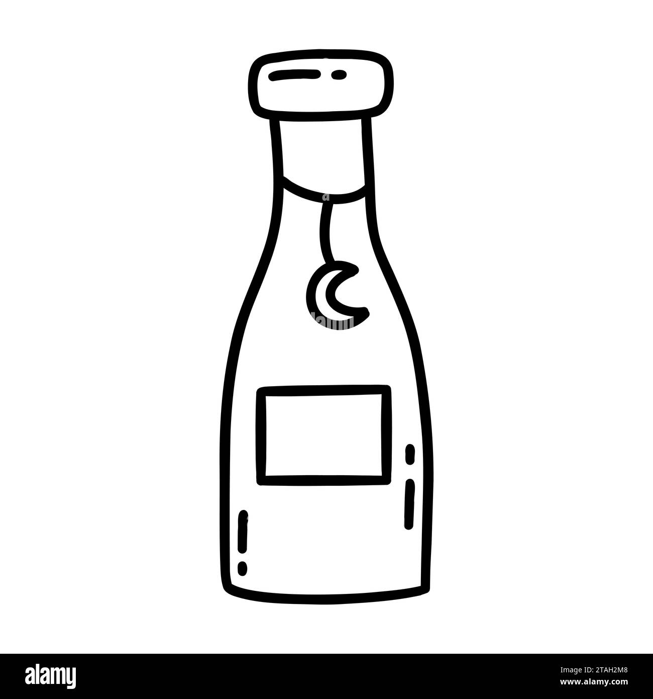 Petite bouteille vintage avec croissant sur cordon, pot pour boissons, épices, potions. Dessin à la main de l'illustration isolée en noir et blanc. Amour Illustration de Vecteur