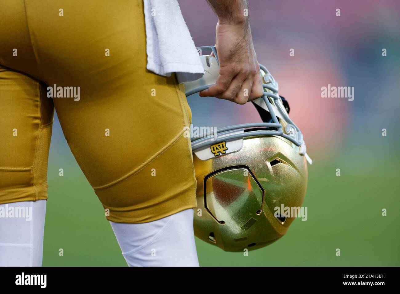 Vue détaillée d'un casque irlandais de combat de notre Dame avant un match de football universitaire de saison régulière contre le Cardinal de Stanford, samedi 25 novembre Banque D'Images