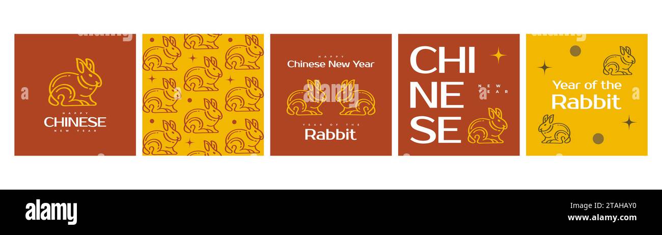 Nouvel an chinois 2023 - ensemble d'affiches de l'année du lapin. Modèle d'affiche minimal et tendance avec illustration mignonne de lapin Illustration de Vecteur
