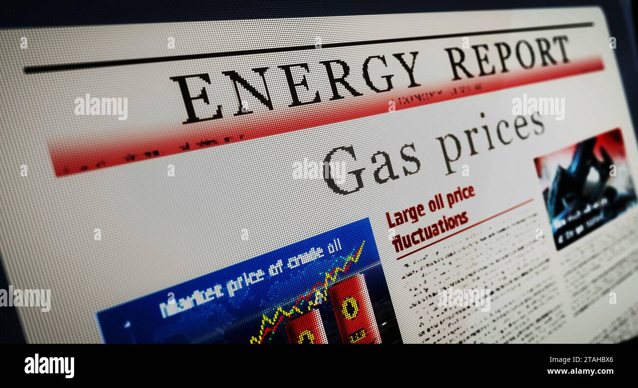 Prix du gaz marché de l'énergie et carburant journal quotidien d'affaires lecture sur l'écran d'ordinateur tablette mobile. Écran tactile homme avec les titres nouvelles abstrait con Banque D'Images