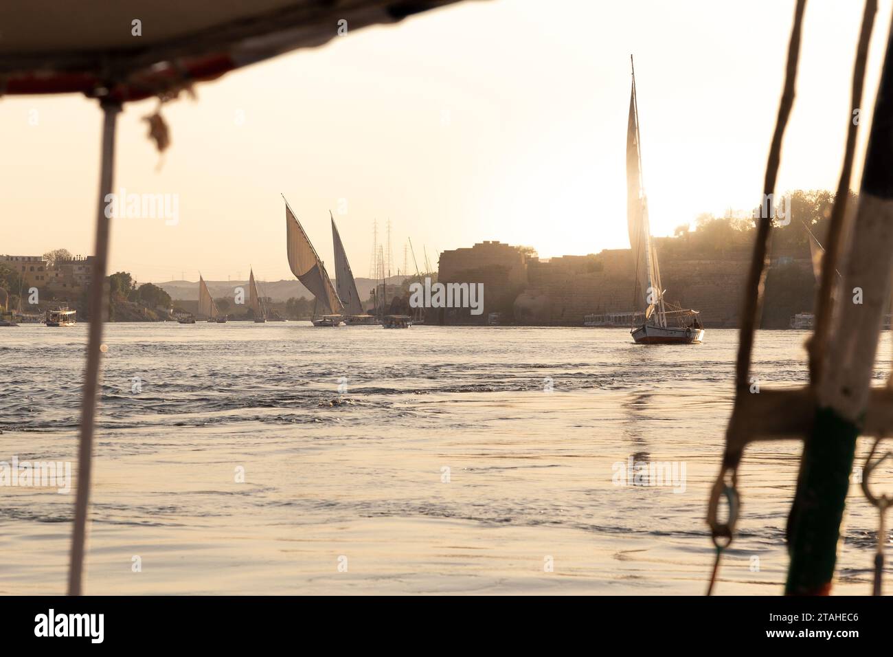 Felucca traditionnelle naviguant sur le Nil pendant l'heure dorée à Assouan Banque D'Images