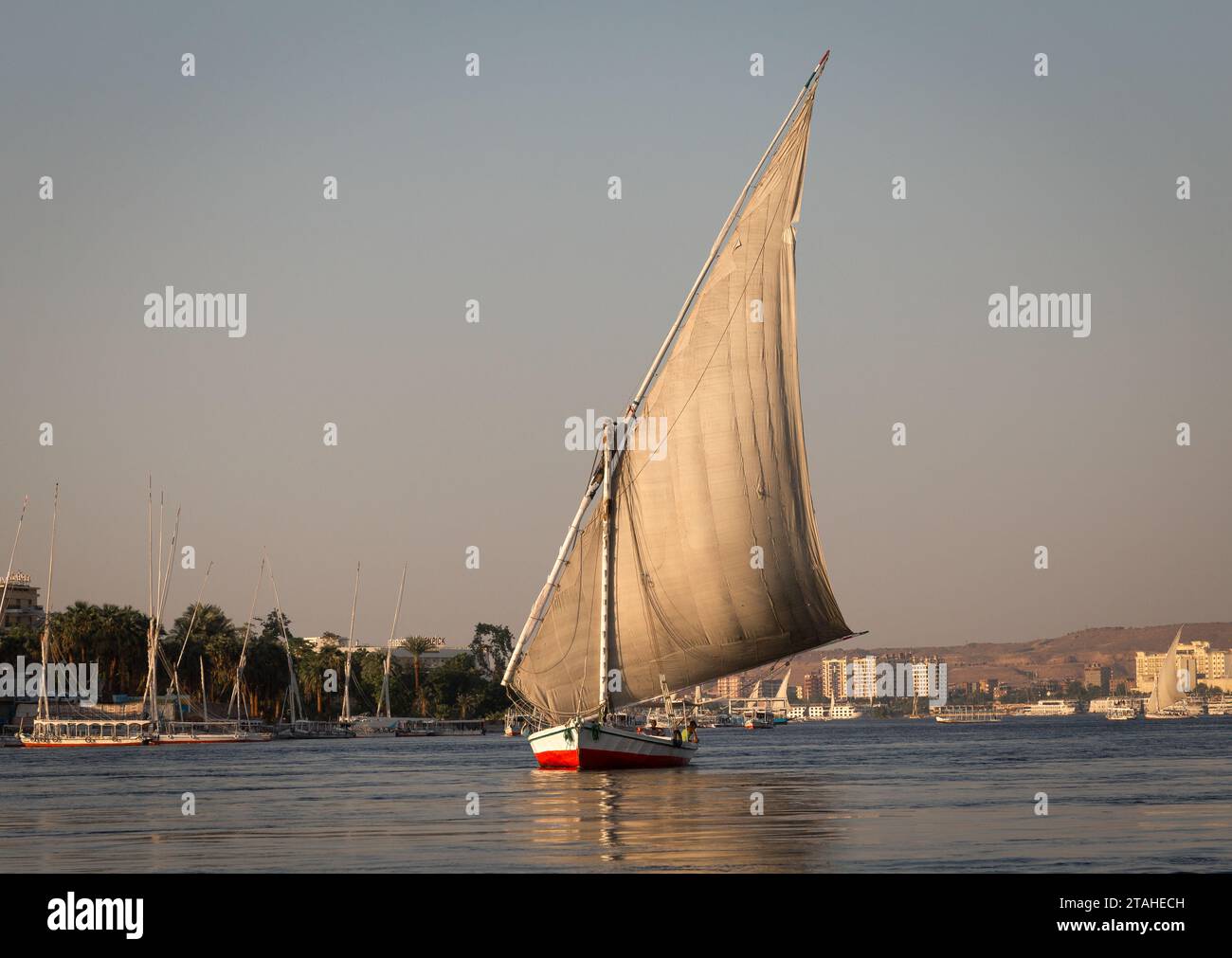 Un Felucca naviguant sur le Nil pendant l'heure d'or à Assouan Banque D'Images