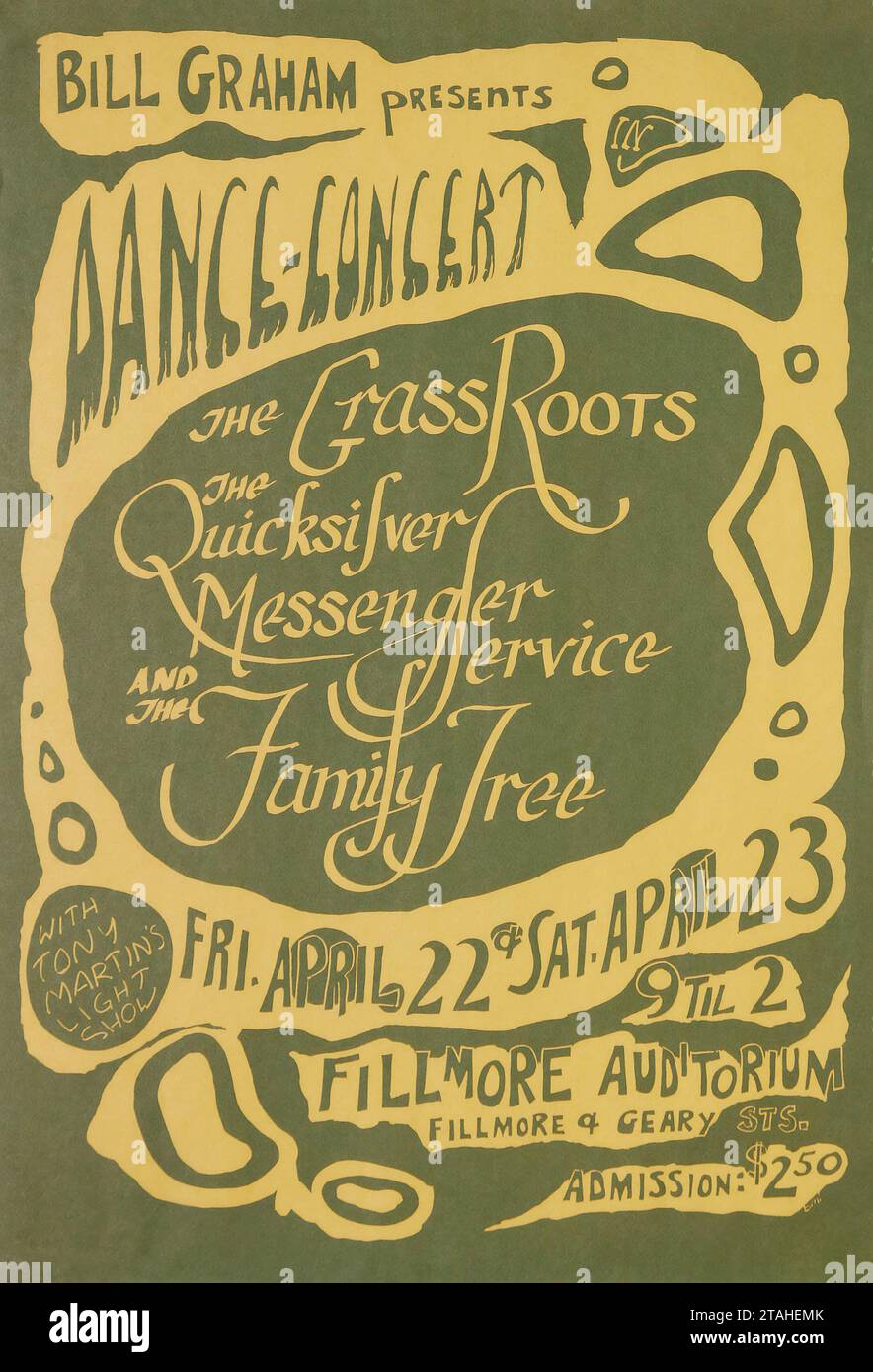 Danse-concert - Grassroots - Quicksilver Messenger Service - arbre généalogique - affiche de concert Fillmore (Bill Graham Presents, 1966). Une des premières affiches de Bill Graham. Banque D'Images