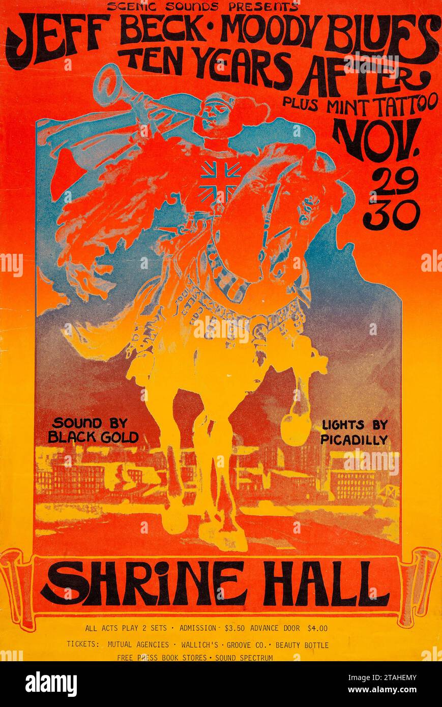 Jeff Beck, Moody Blues, dix ans après 1968 Shrine Hall L.A. affiche de concert Banque D'Images