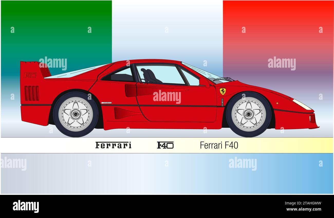 Maranello, Italie, année 1987, Ferrari F40 vintage super voiture, design italien, illustration colorée soulignée sur le drapeau italien Banque D'Images