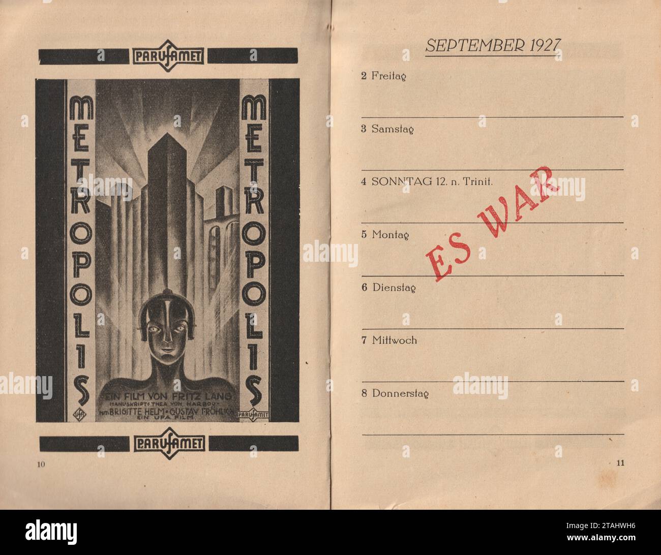 Metropolis UFA 1927 Poster Art / Agenda page. Réalisé par Fritz Lang. Avec Brigitte Helm. Banque D'Images