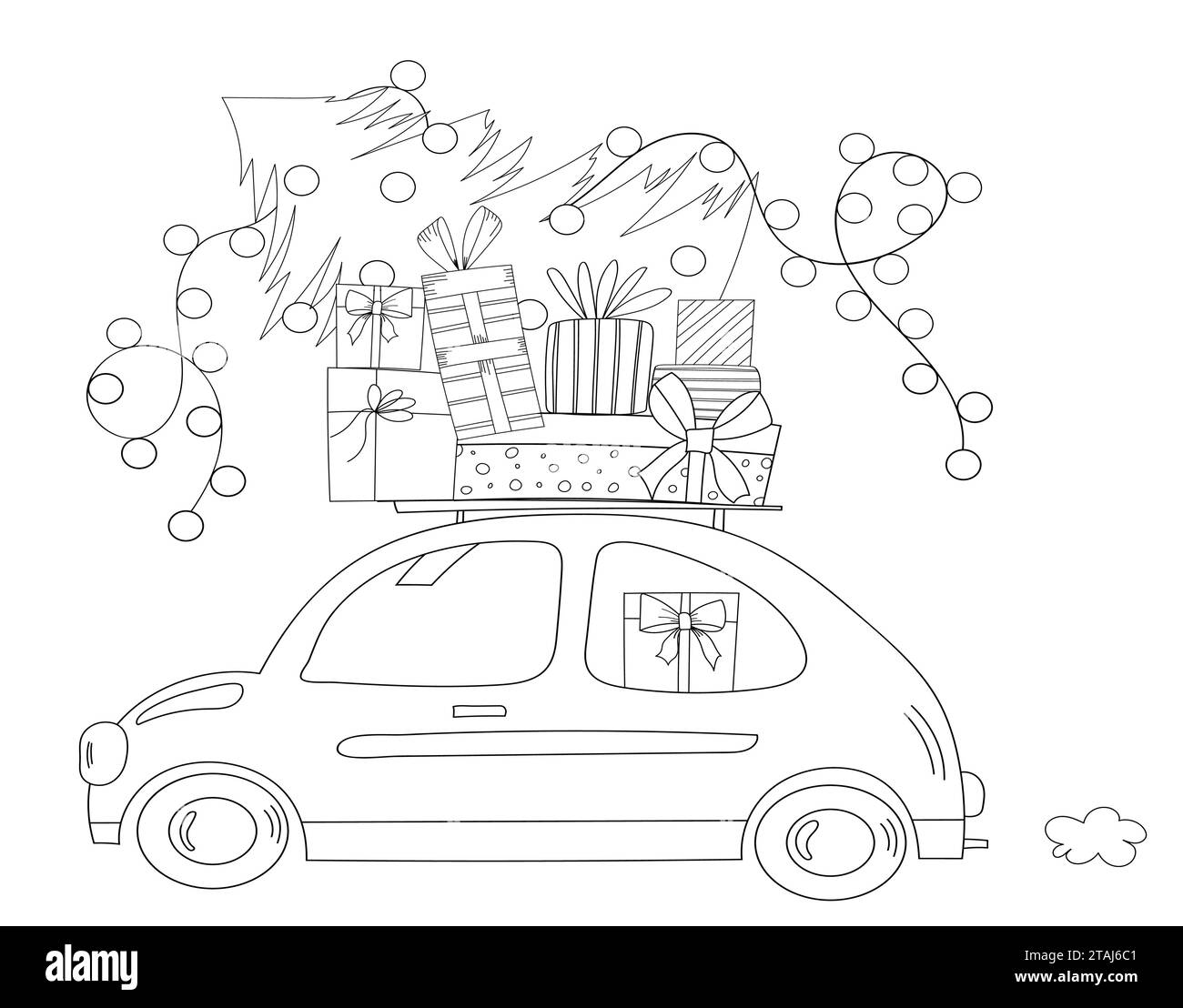 La voiture du nouvel an avec des cadeaux sur le toit et Un arbre de Noël est Une illustration festive pour les enfants à colorier Illustration de Vecteur