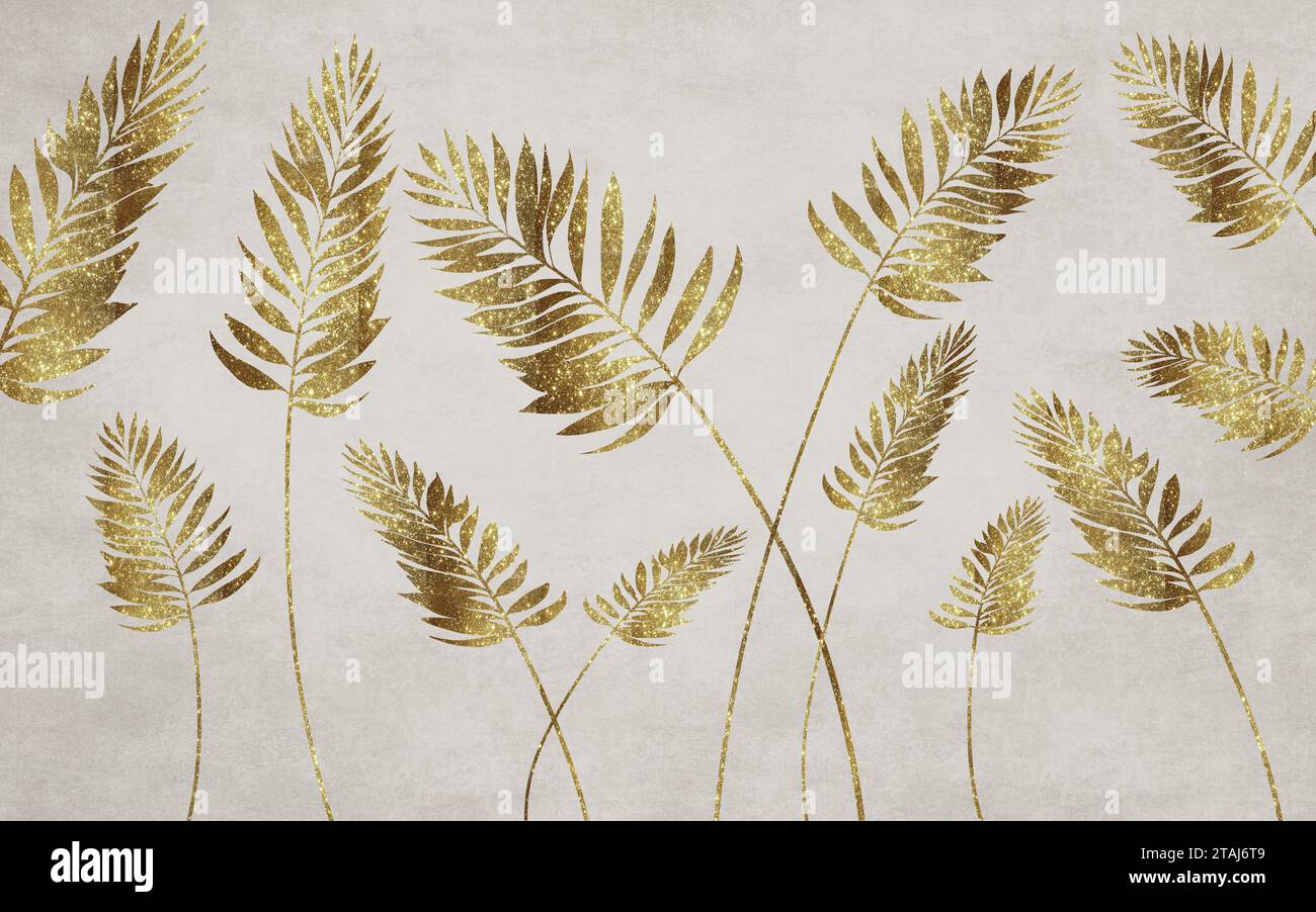 papier peint classique 3d. branches tropicales dorées feuilles d'arbres sur fond mural clair. art de décoration de chambre Banque D'Images