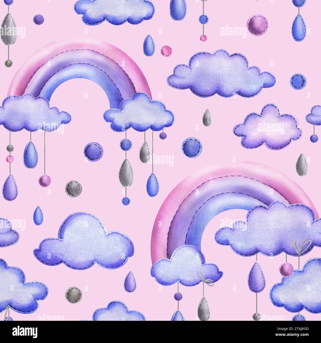 Un arc-en-ciel cousu avec des nuages et des gouttes de pluie suspendus à des cordes en bleu, violet et rose. Illustration de l'aquarelle dessinée à la main mignonne enfantin. Sans couture Banque D'Images