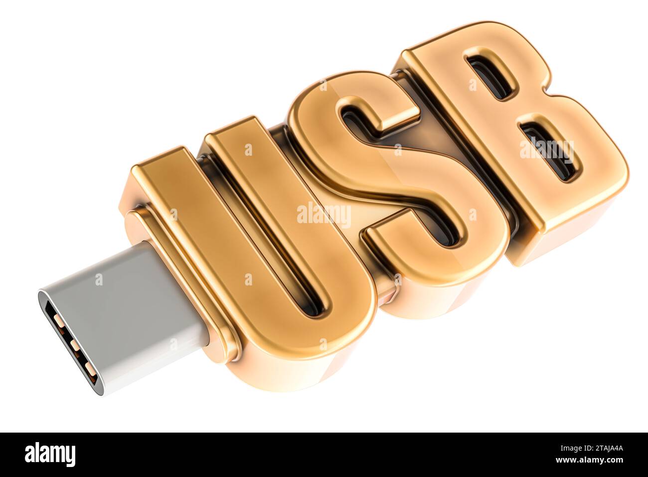 Clé USB dorée, rendu 3D isolé sur fond blanc Banque D'Images