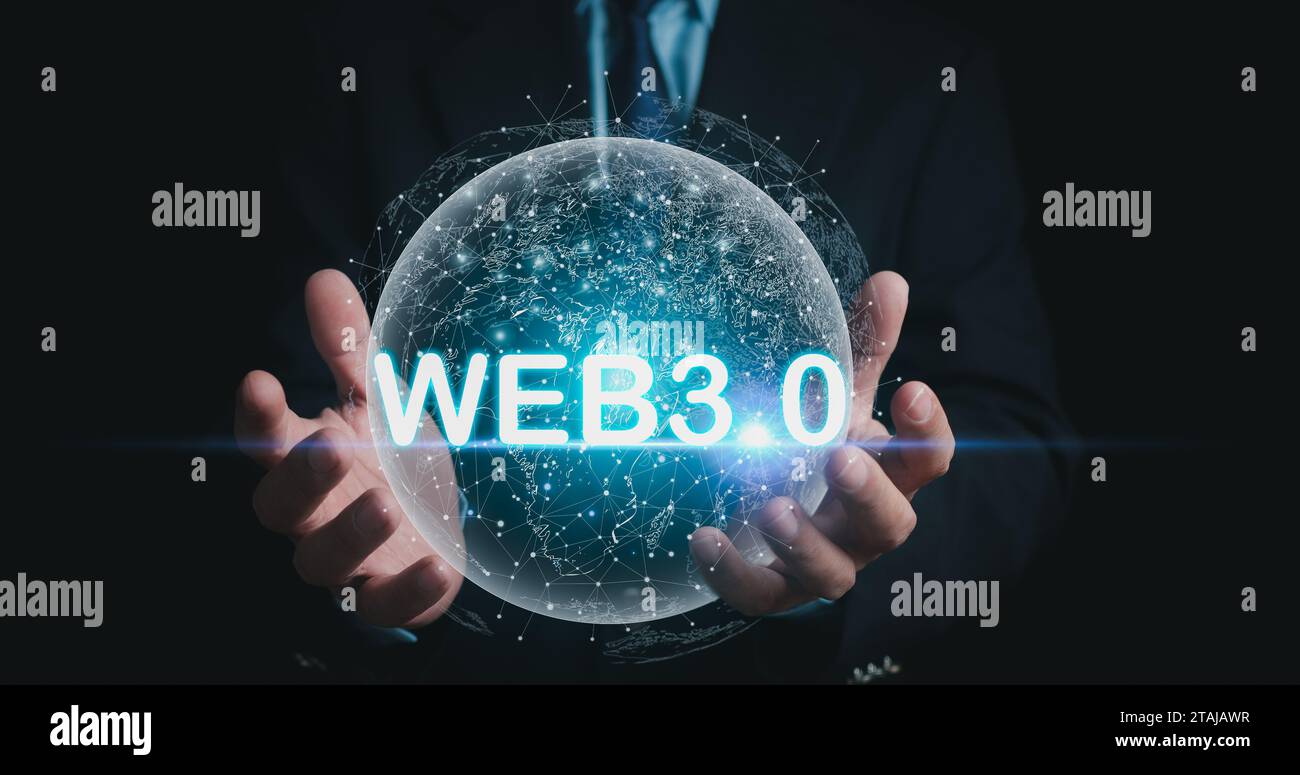 Concept Web 3,0 avec homme d'affaires en costume sur fond dégradé. Technologie et concept Web 3,0. Réseau mondial de technologie. site internet développement Banque D'Images