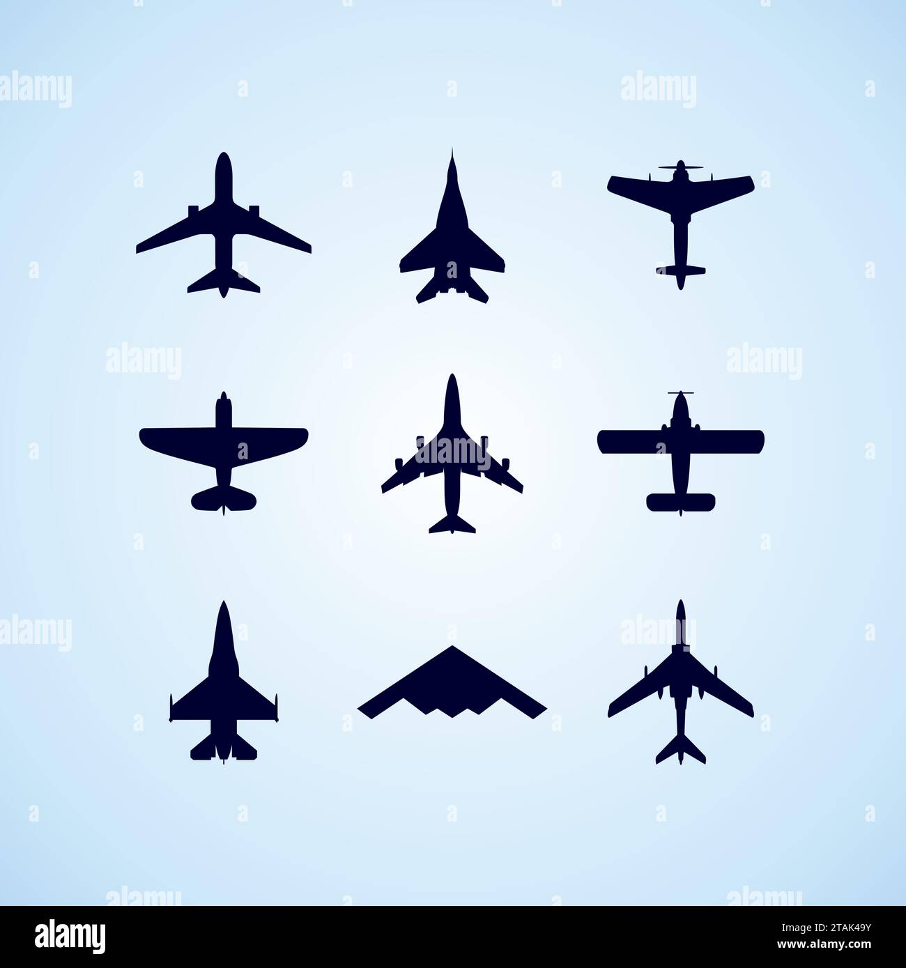 Ensemble d'icônes d'avion - avion de passager, avion de chasse et vis sur fond bleu. Illustration vectorielle. Illustration de Vecteur