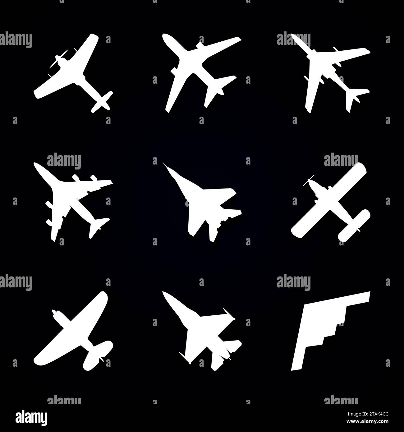 Icônes d'avion ensemble - avion de passager, avion de chasse et vis sur fond sombre avec ombre. Illustration vectorielle. Illustration de Vecteur