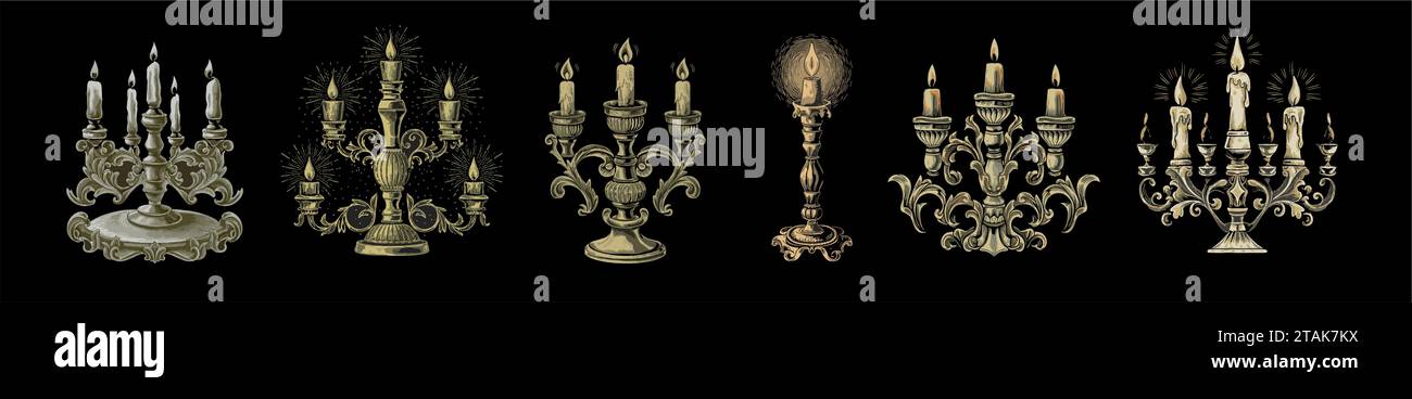 Ensemble de vieux chandeliers en or vintage, candélabres. Illustration de Vecteur