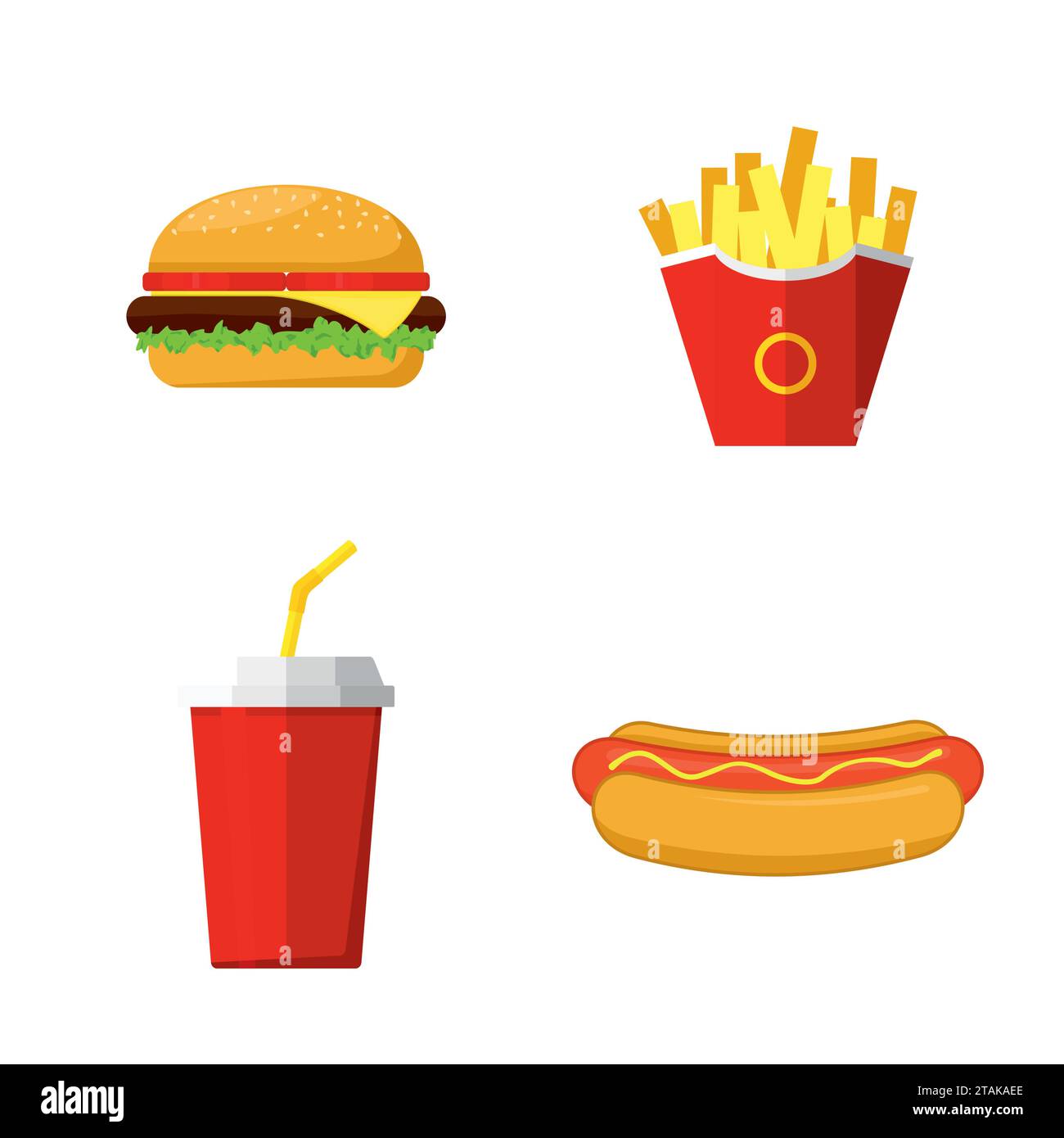 Déjeuner avec hamburger, hot-dog, frites et soda. Groupe de produits Fast Food. Illustration vectorielle Illustration de Vecteur