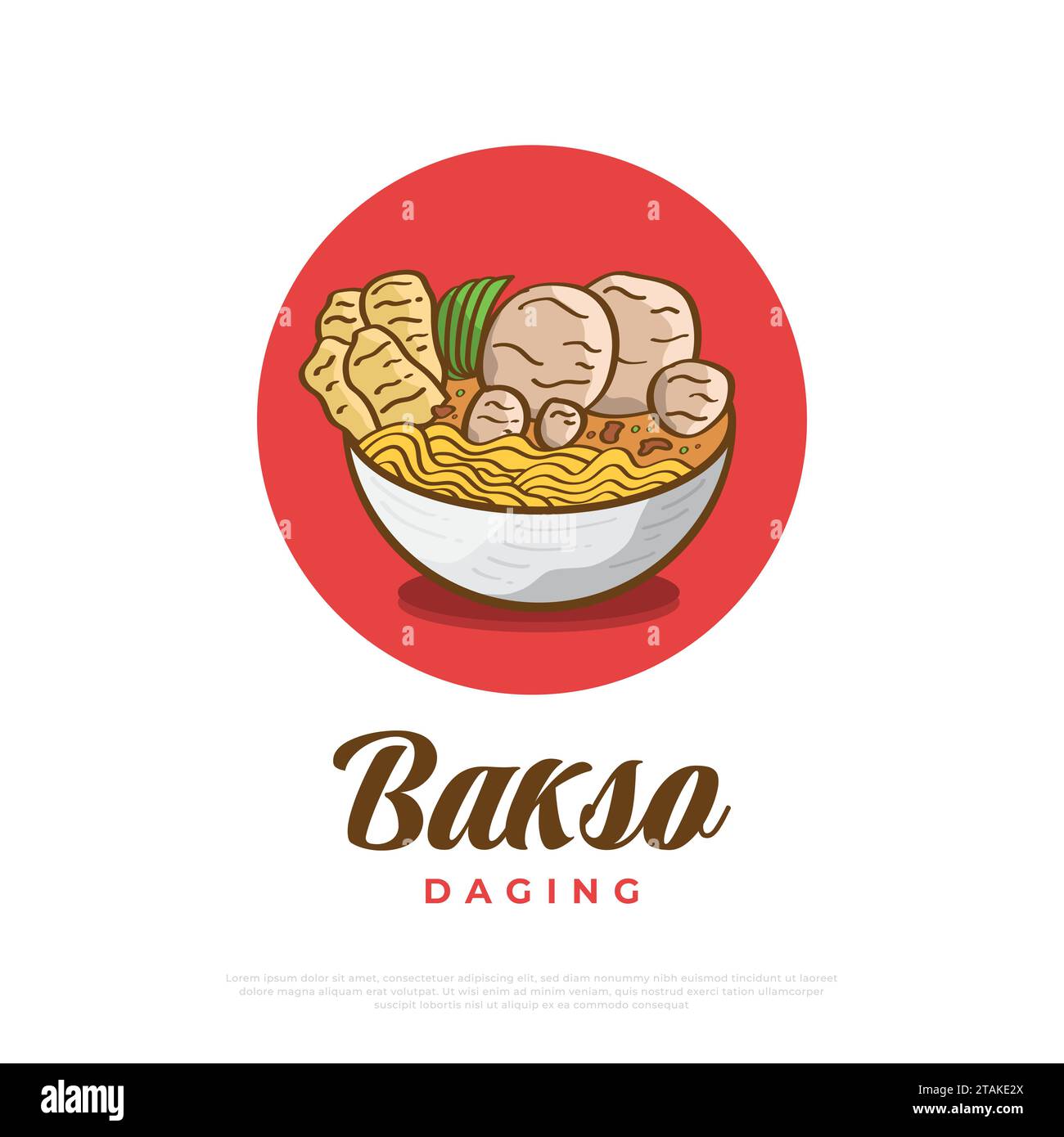 Illustration de Bakso ou boulettes de viande dessinées à la main, servies avec des nouilles et des craquelins. Illustration de cuisine asiatique Illustration de Vecteur