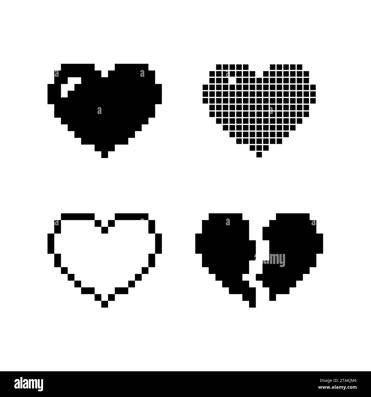 Définir pixels coeurs icônes noires isolées sur fond blanc. Illustration vectorielle d'amour romantique Illustration de Vecteur