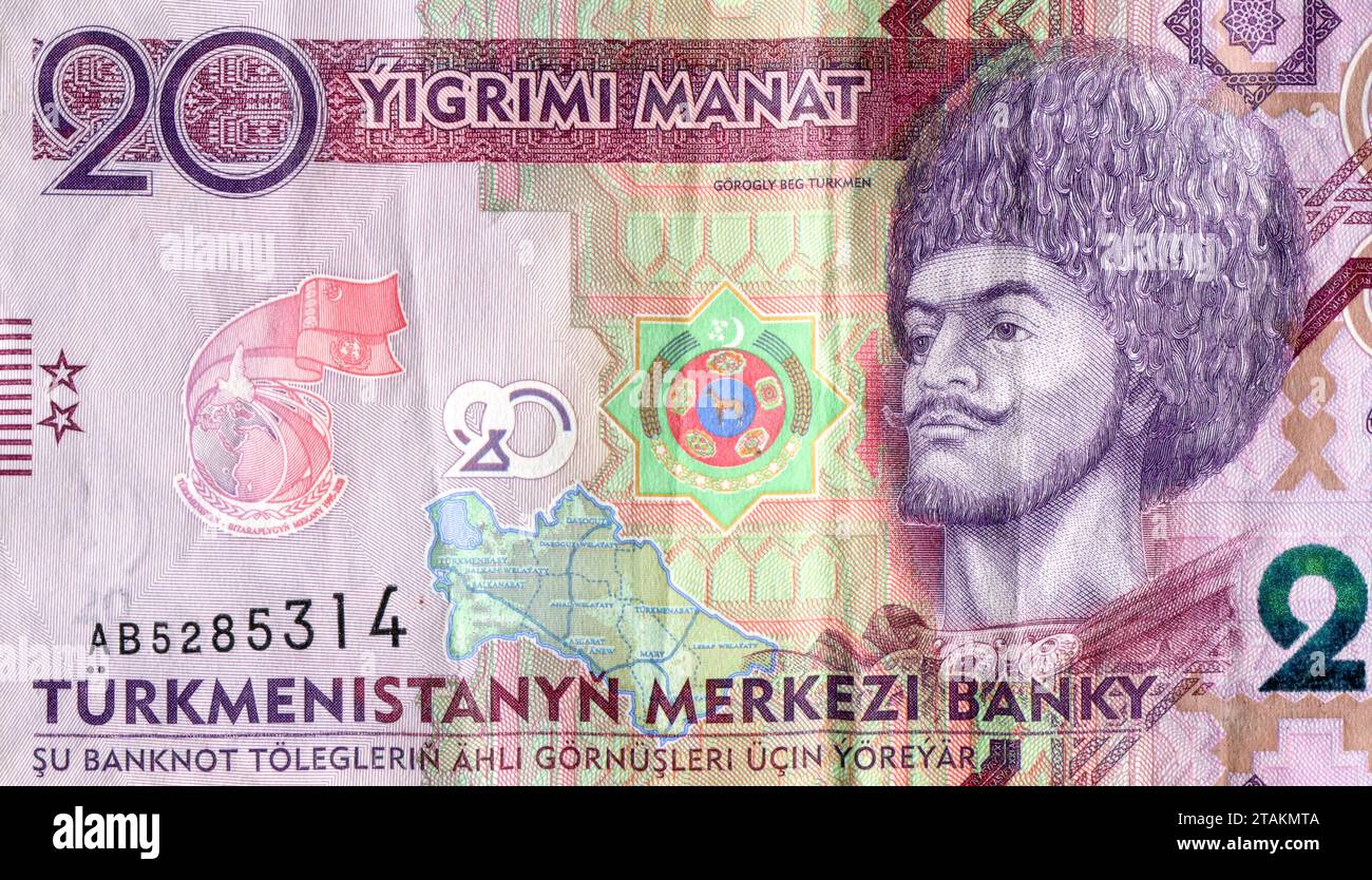 Fragment Turkménistan 20 Manat 2020 billet de banque avec portrait de Gorogly Beg Turkmen, héros national du Turkménistan Banque D'Images