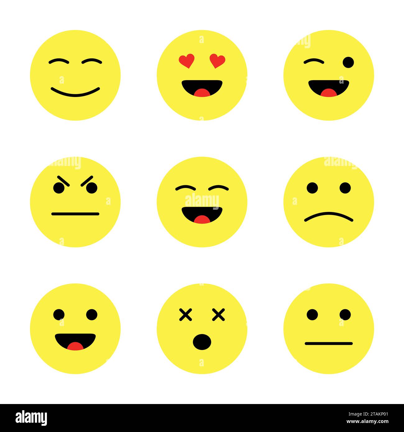 Ensemble de mignonnes émoticônes smiley. Dessins animés visages de style plat sourires isolés sur fond blanc. Illustration de Vecteur