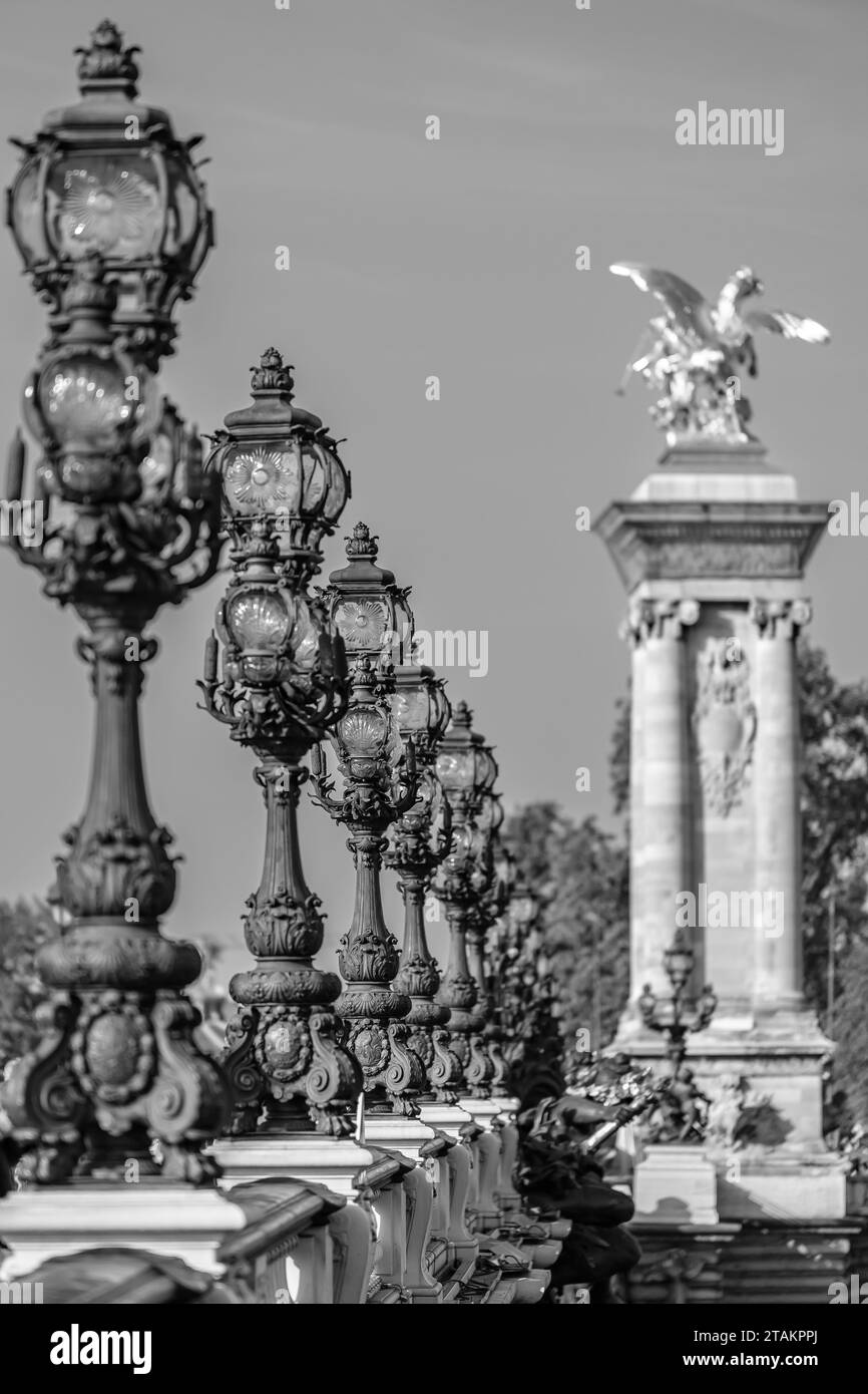Paris, France - 8 octobre 2023 : vue du Pont Alexandre III, le célèbre pont en arc de pont avec sculptures et belles lanternes à Paris France Banque D'Images