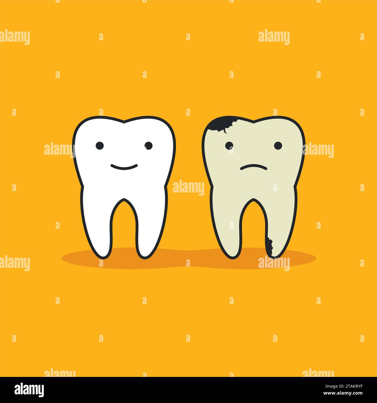 Dent saine heureuse et mauvaise dent malsaine avec icône de visage dans un style plat isolé sur fond. Symboles de santé, de médecine ou de médecin pour enfants. Soins bucco-dentaires Illustration de Vecteur
