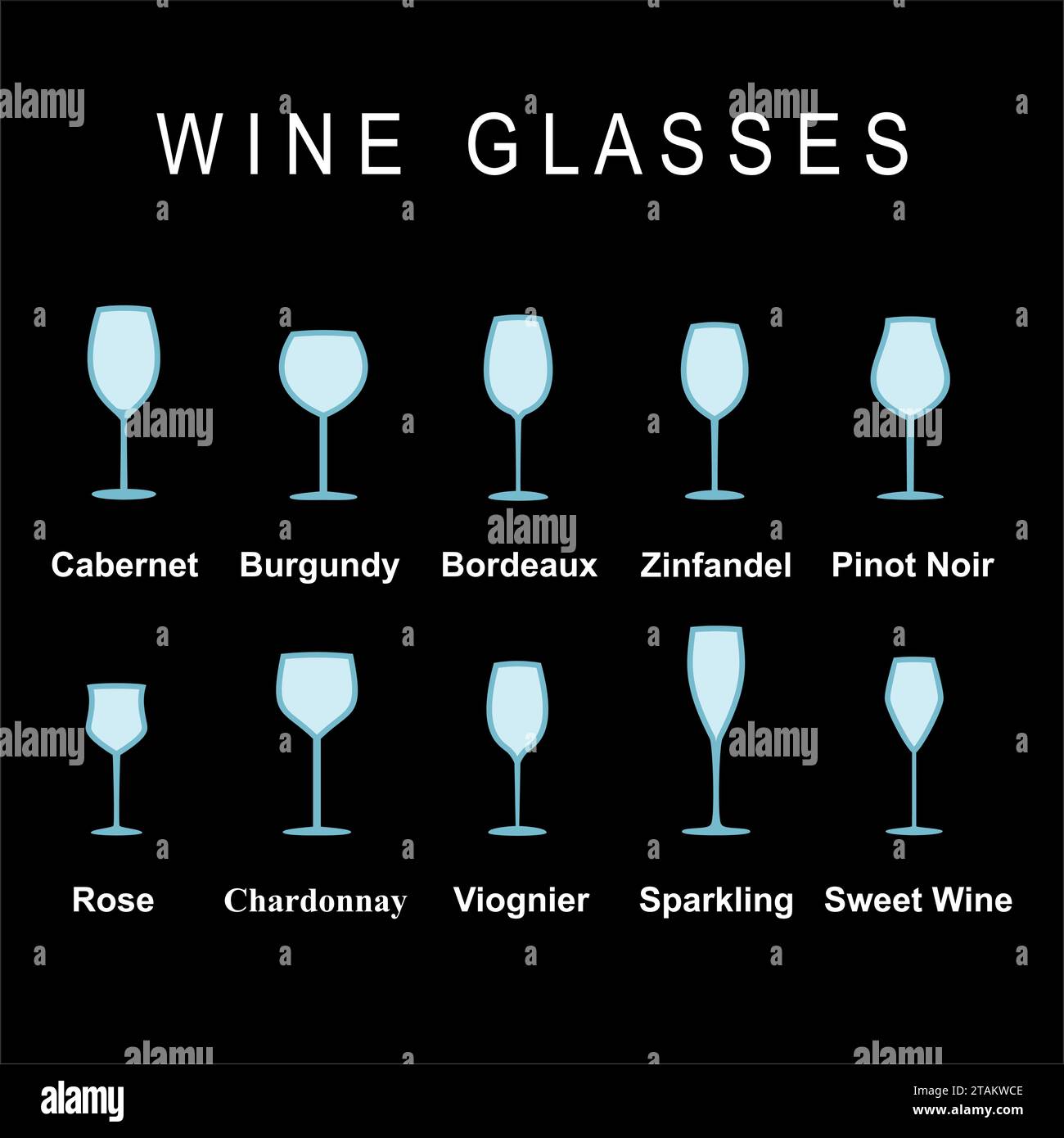 Types de verres à vin, collection d'icônes de jeu. Illustration vectorielle. Illustration de Vecteur
