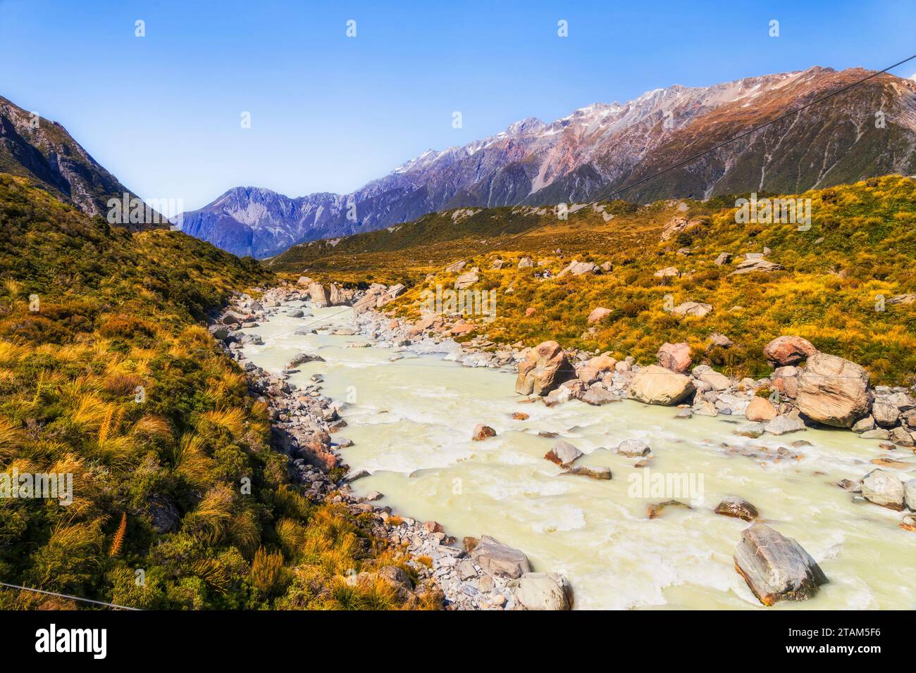 Hooker River Streat sous le pont à pied dans Hooker vale de la Nouvelle-Zélande depuis les glaciers de Mt Cook. Banque D'Images