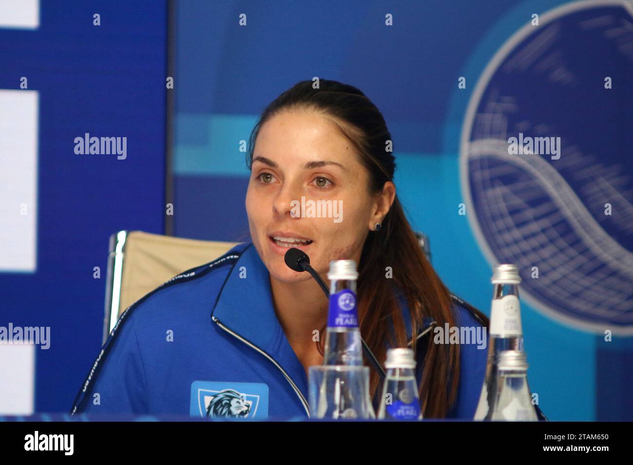 Saint-Pétersbourg, Russie. 01 décembre 2023. Viktoriya Tomova, vu lors d'une conférence de presse des trophées North Palmyra - International Team Exhibition tennis Tournament à KSK Arena, dans le St. Petersburg, Russie. (Photo Maksim Konstantinov/SOPA Images/Sipa USA) crédit : SIPA USA/Alamy Live News Banque D'Images