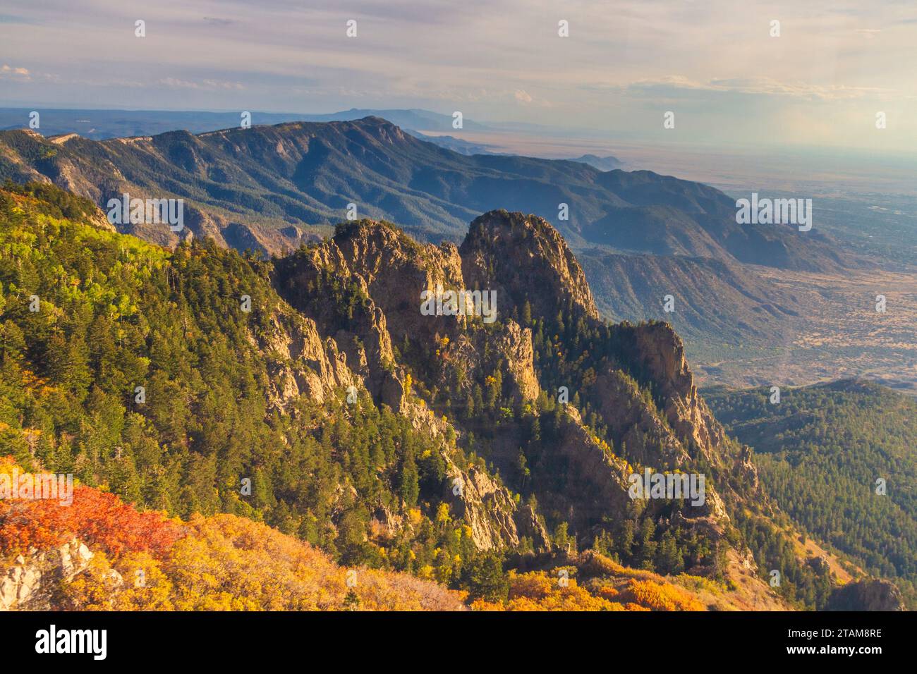 Vue sur la forêt nationale de Cibola et les montagnes de Sandia depuis le tramway aérien de Sandia Peak au Nouveau-Mexique. Banque D'Images