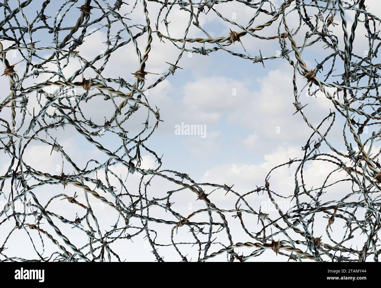 Chemin vers la liberté comme métaphore de l'évasion et de l'espoir comme un groupe de fil de rasoir ou de barbelés avec une ouverture ou une passerelle échappant à la douleur ou au sentiment Banque D'Images