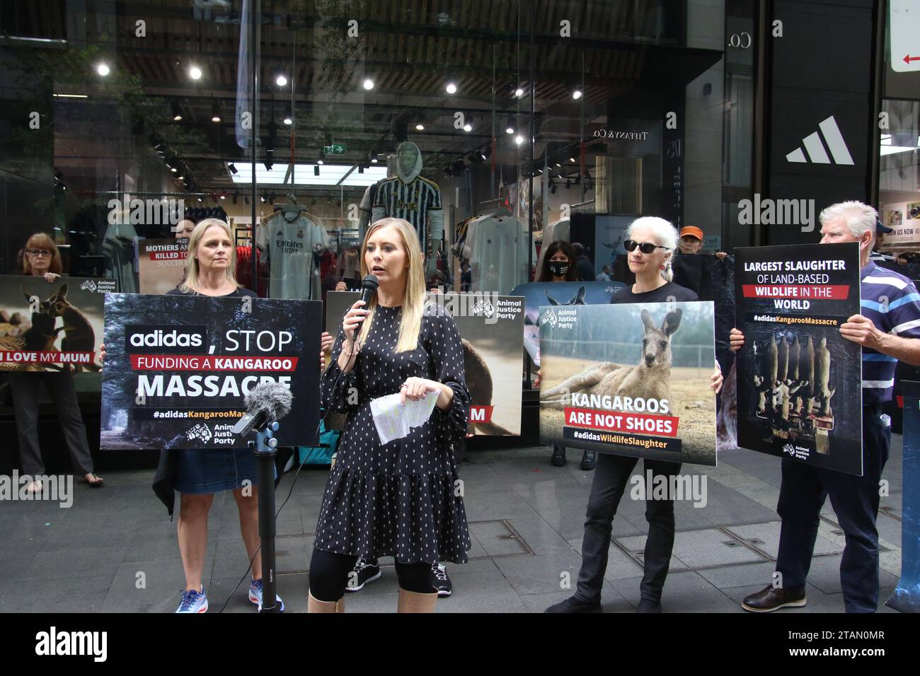 Sydney, Australie. 2 décembre 2023. L'Animal Justice Party NSW a organisé une manifestation devant le magasin Adidas au 130 Pitt Street, Sydney pour protester contre le massacre des kangourous utilisés pour le cuir de certaines chaussures adidas. Ils veulent qu’Adidas suive Nike et Puma qui ont déjà annoncé qu’ils n’utiliseraient plus de peau de kangourou dans leurs chaussures de football. Photo : Emma Hurst, députée du Parti de la justice animale. Crédit : Richard Milnes/Alamy Live News Banque D'Images