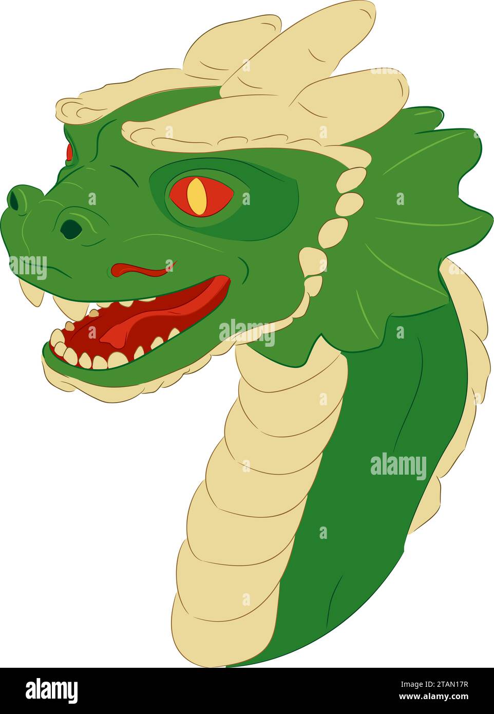 Tête de dragon en bois vert nouveau-né avec cou Vector illustration de petit dragon en bois vert. Tête de dragon bébé avec de petites cornes, dents, moustaches, corne Illustration de Vecteur