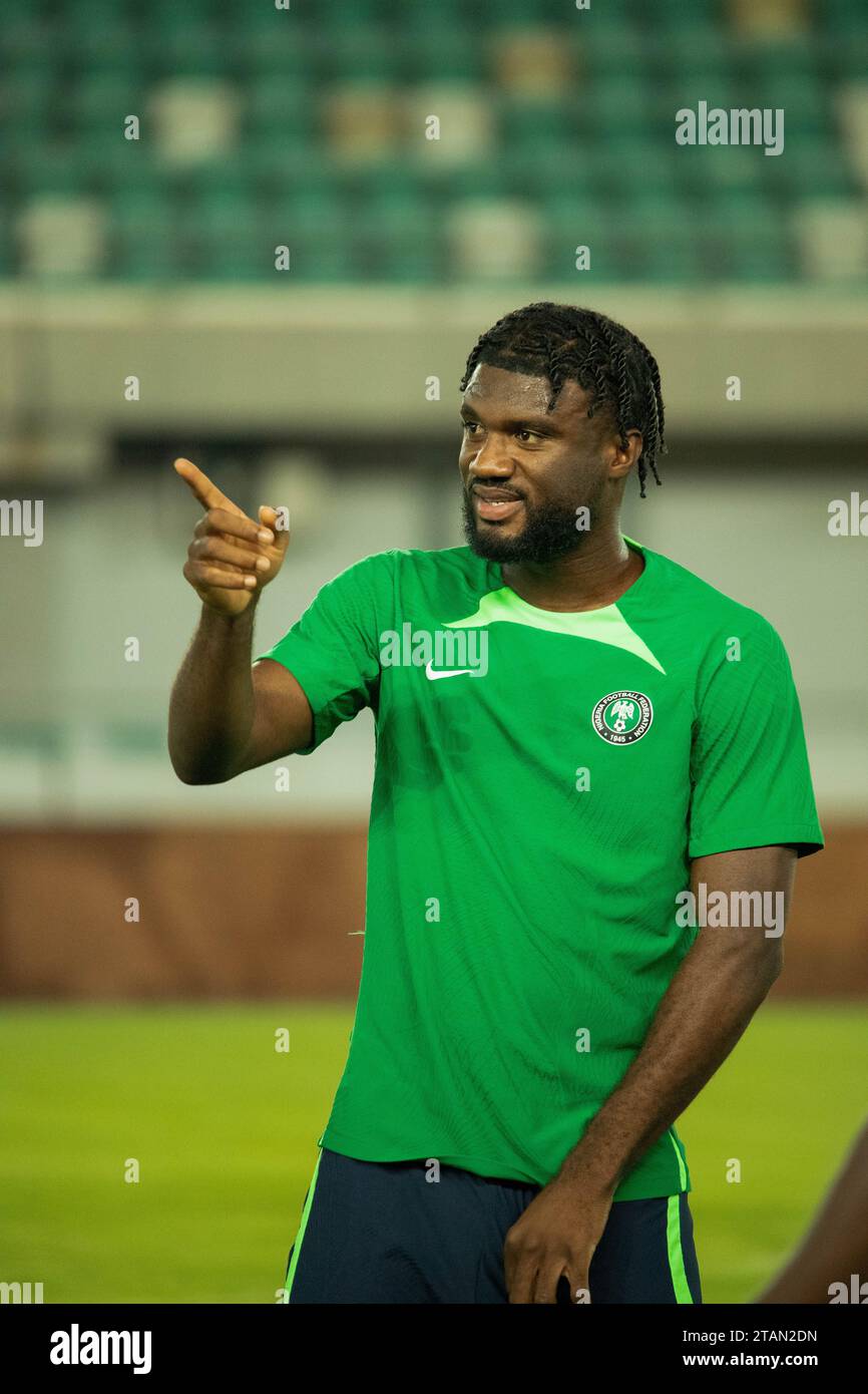 UYO, NIGERIA - NOVEMBRE 15 : Terem Moffi, du Nigeria, lors de l'entraînement des qualifications pour la coupe du monde en préparation du match du Nigeria et du Lesotho à Godswill Banque D'Images