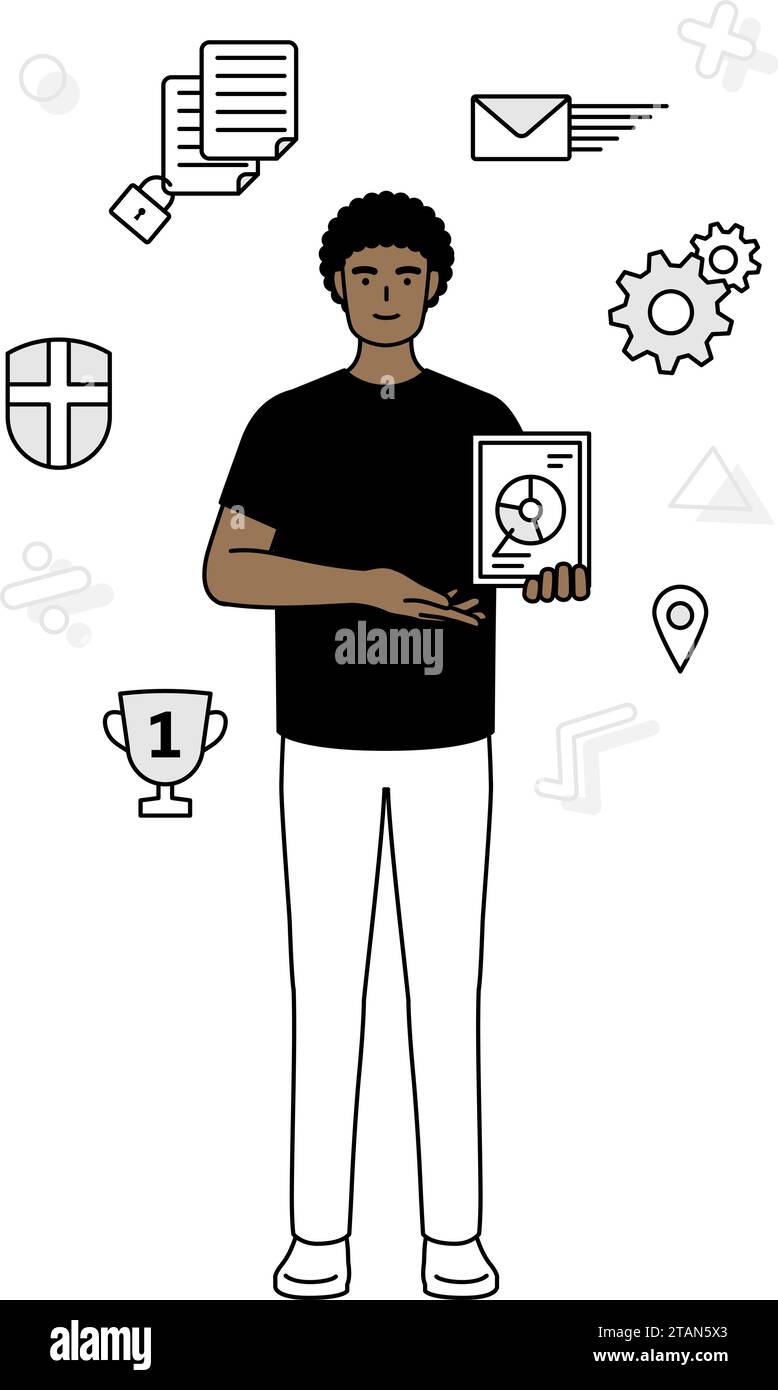 Image de DX, homme afro-américain utilisant la technologie numérique pour améliorer son entreprise, Vector Illustration Illustration de Vecteur