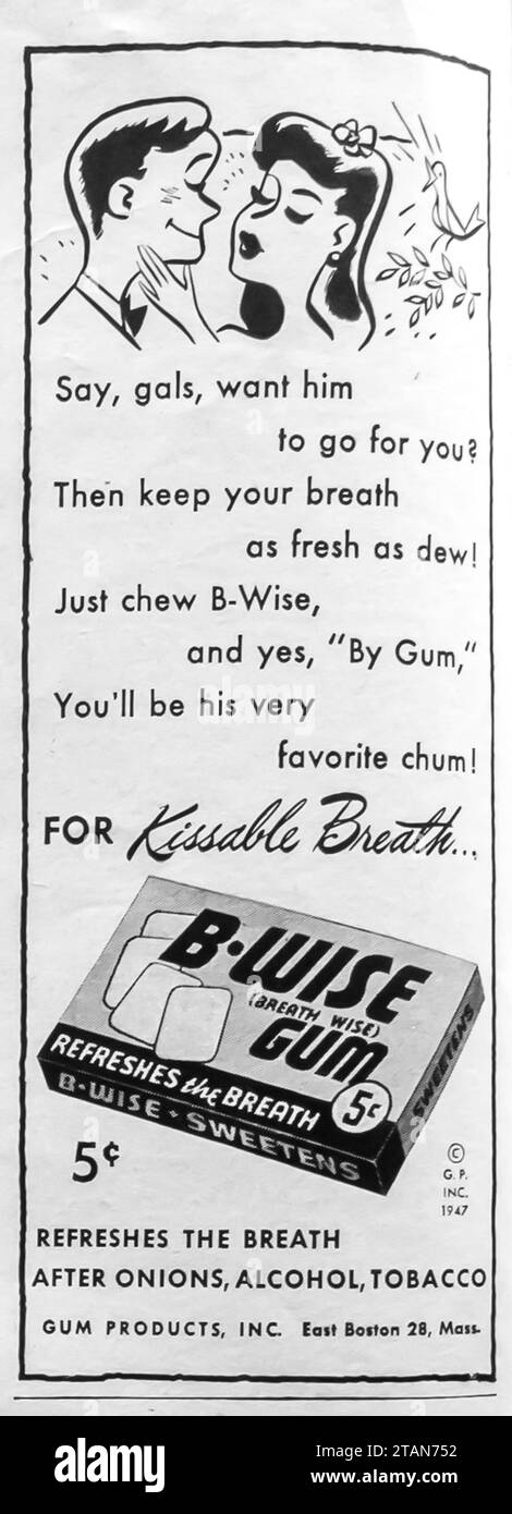 1947 B-Wise gum ad 'Kissable Breath'. Banque D'Images