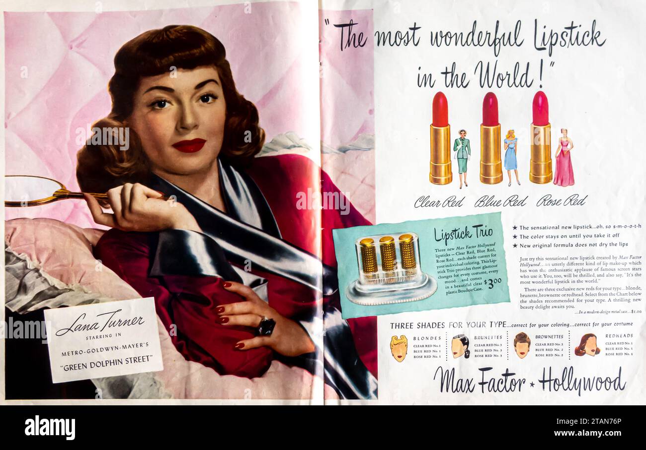 Publicité de rouge à lèvres Max Factor Hollywood 1947 avec Lana Turner Banque D'Images
