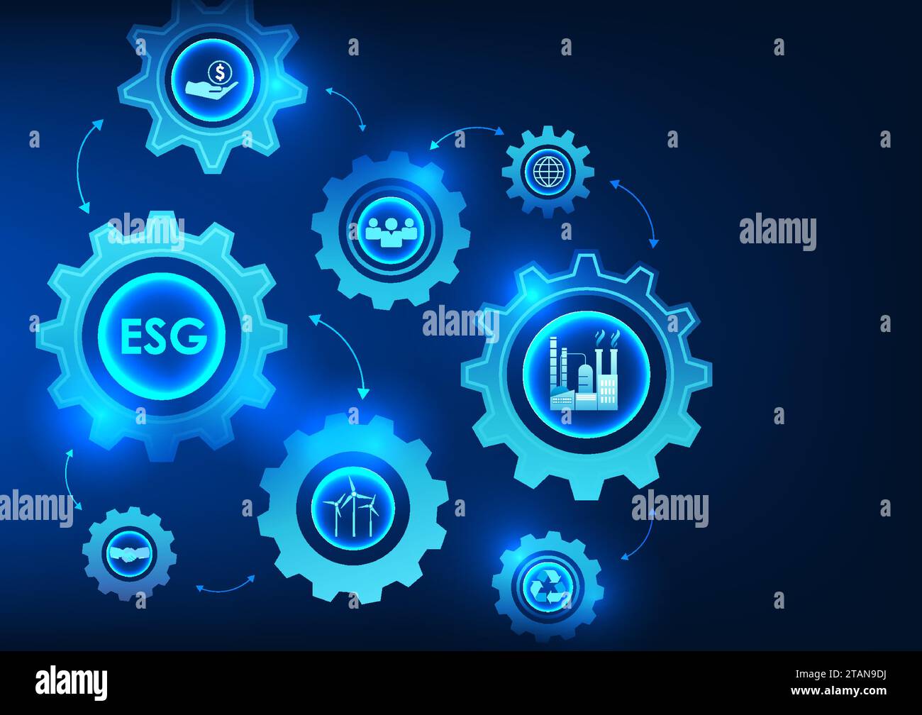 La technologie ESG et les icônes à l'intérieur de l'engrenage montrent la volonté d'investir dans les entreprises dans l'environnement, la société et la bonne gouvernance. C'est un sustainab Illustration de Vecteur