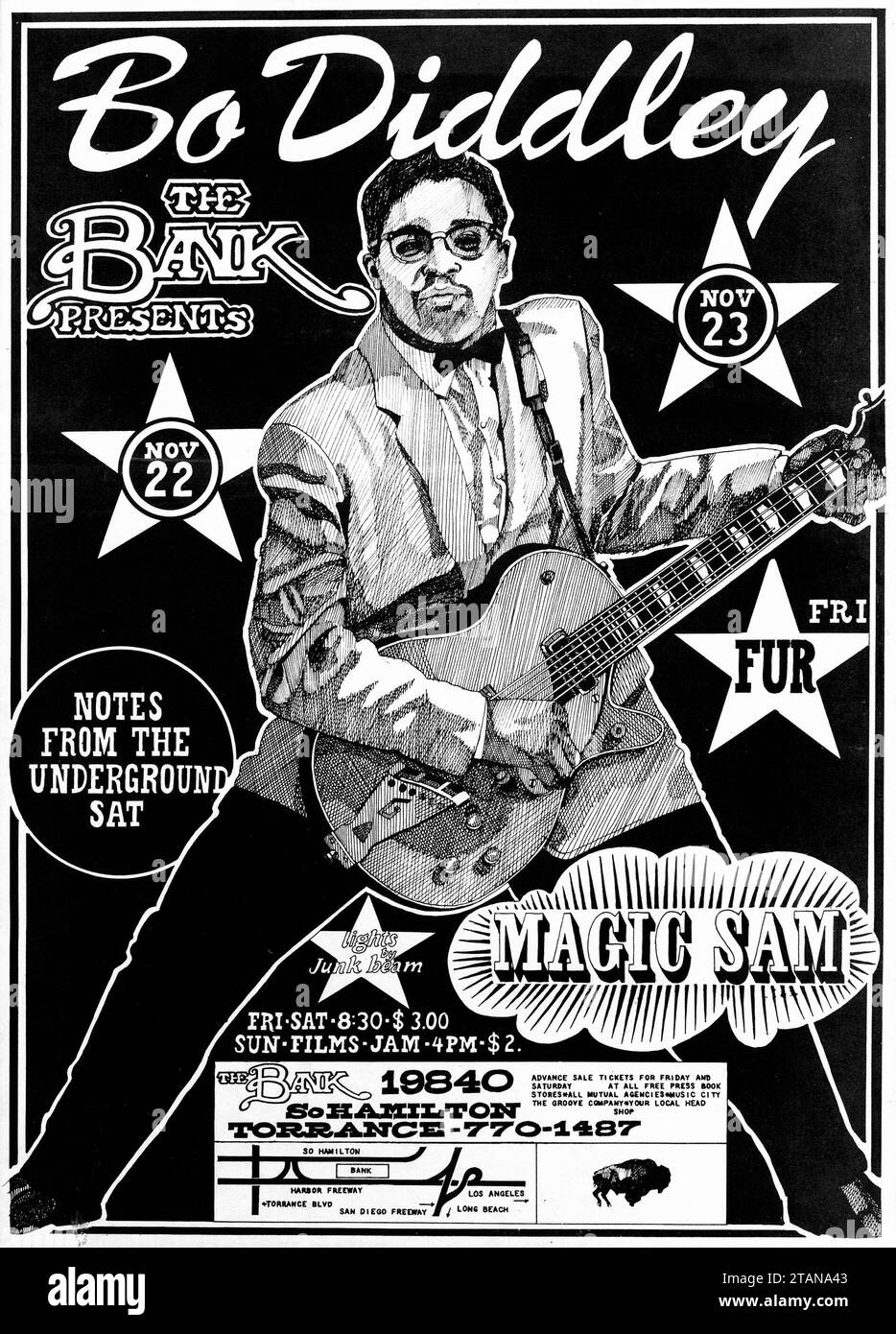 Bo Diddley - Notes from the Underground Sat - Torrance - affiche de concert (The Bank, 1968) Banque D'Images