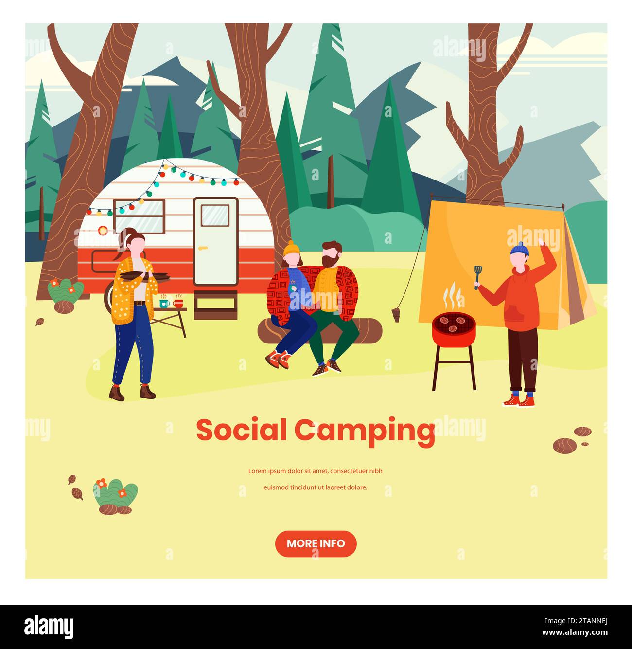 Modèle de conception de bannière Web vecteur de camping social Illustration de Vecteur