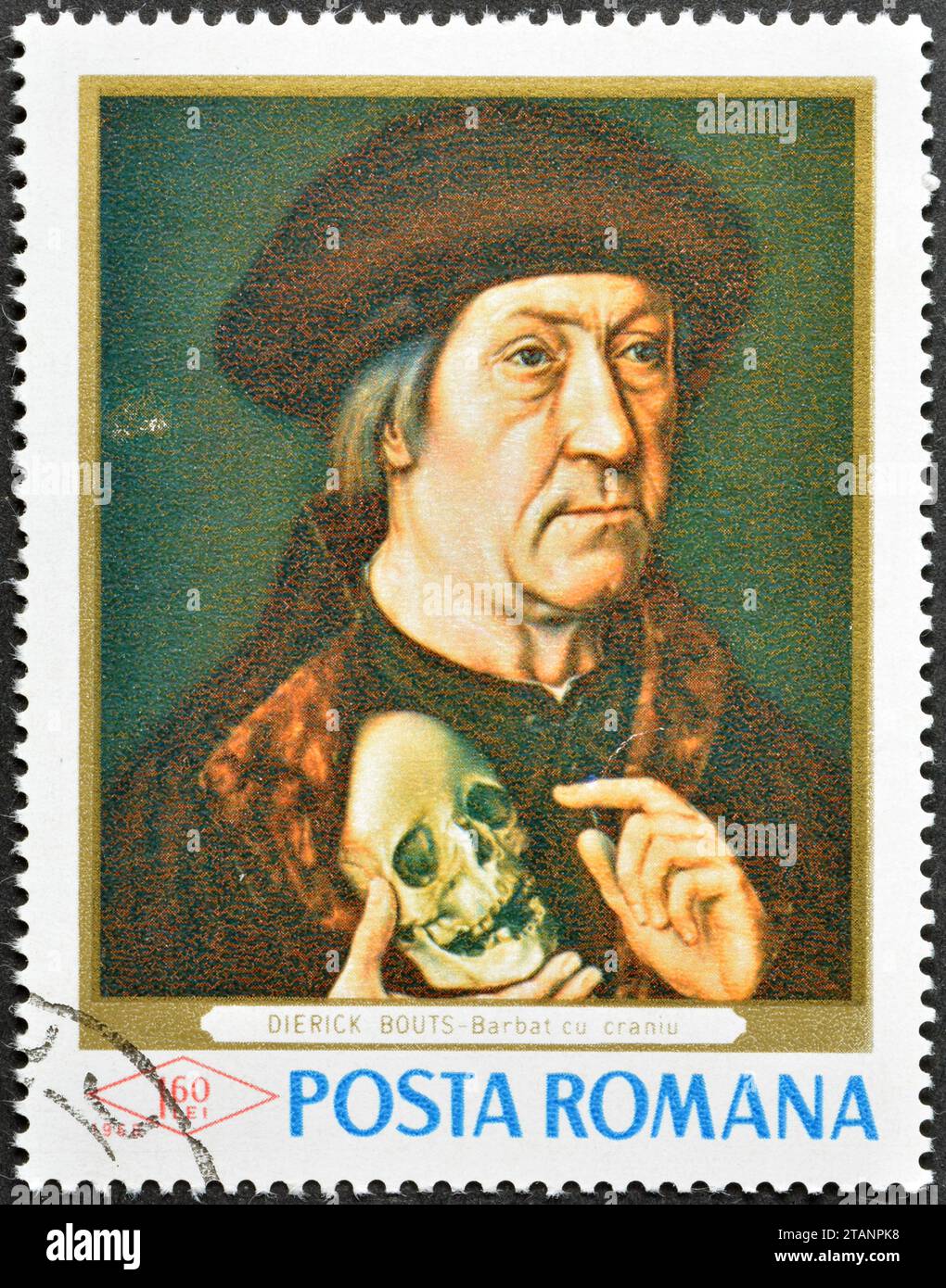 Timbre-poste annulé imprimé par la Roumanie, qui montre la peinture vieil homme avec crâne à la main droite, Dirck Bouts (1415 à 1475), peintures des galeries Banque D'Images