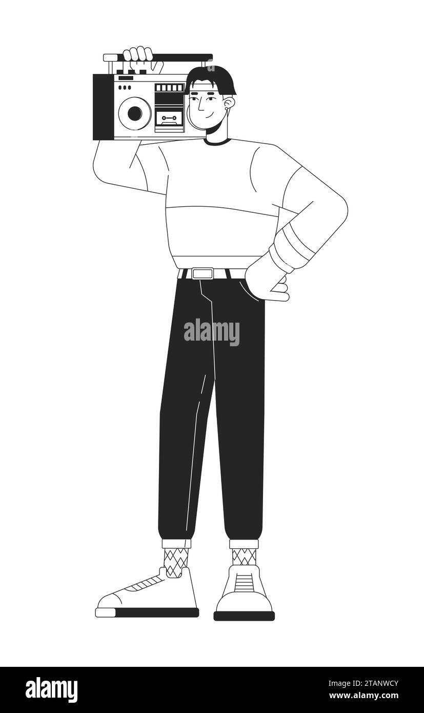 Portant boombox sur l'épaule dessin animé noir et blanc illustration plate Illustration de Vecteur