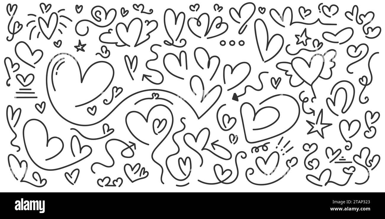 Collection coeur dessiné à la main. Love Doodles Set. Elément de griffonnage. Eléments d'illustration romantique pour la Saint-Valentin ou la fête des mères Illustration de Vecteur