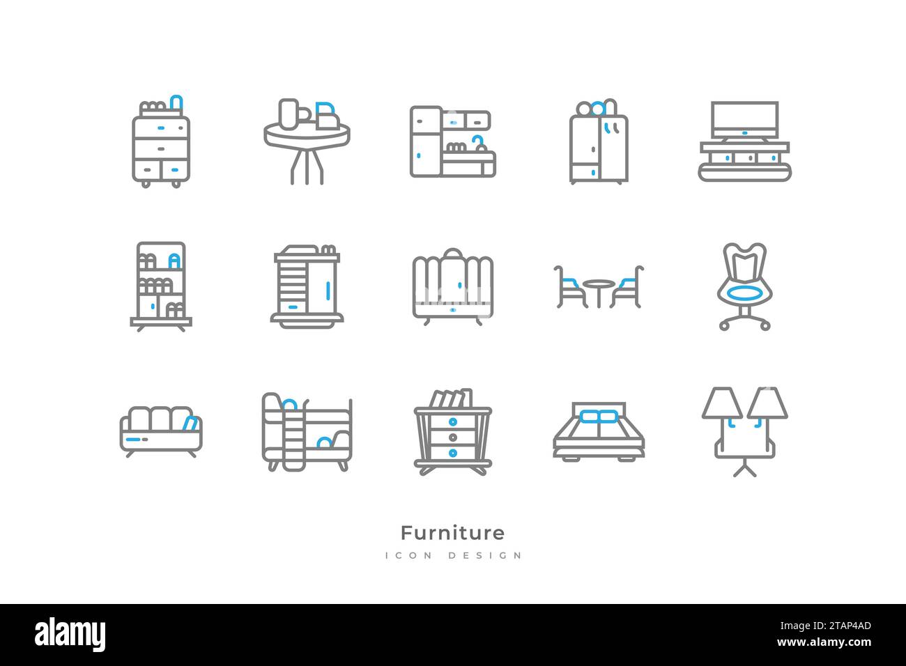 Ensemble d'icônes de meubles avec style de ligne simple. Éléments intérieurs de la maison, contenant cuisine, étagère, lit, lampe, réfrigérateur et bien plus encore Illustration de Vecteur