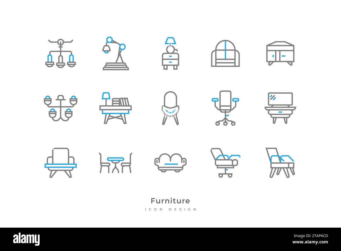 Ensemble d'icônes de meubles avec style de ligne simple et minimaliste. Éléments intérieurs de la maison, contient lampe d'étude, fenêtre, établi, chaise de bureau, canapé, et Illustration de Vecteur