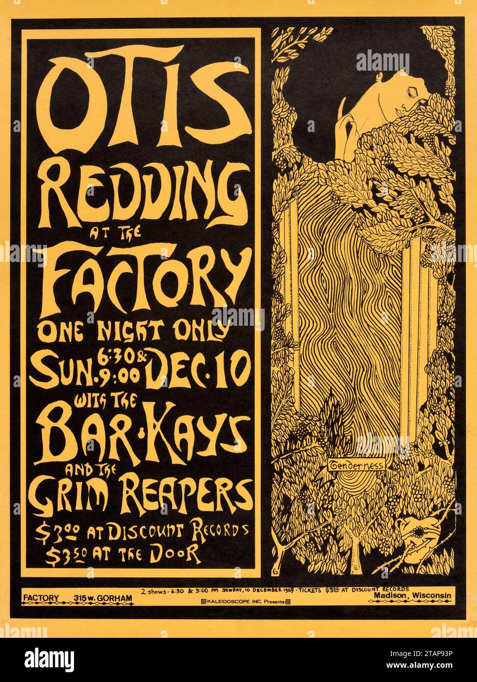 Otis Redding à l'usine, une nuit seulement, avec les Bar-Kays et Grim Reapers - affiche de concert 1967 - affiche pour le spectacle qu'il est mort en route vers. Wisconsin. Otis meurt dans un accident d'avion le 10 décembre 1967, à l'âge de 26 ans. Banque D'Images