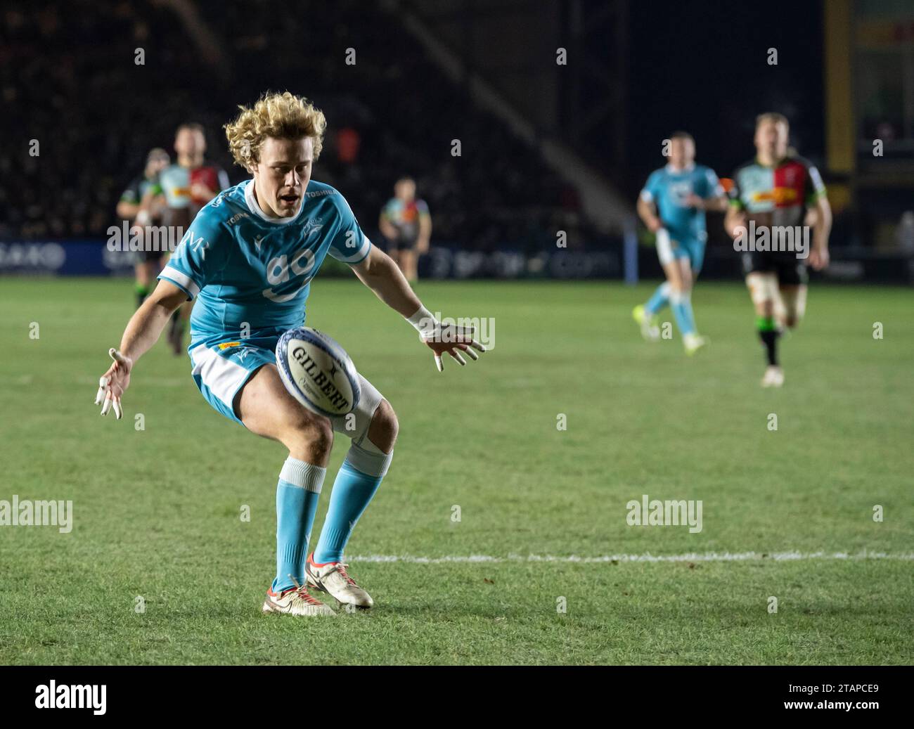 Sale Sharks Gus Warr en action pendant les Harlequins v sale Sharks, Gallagher Premiership, Rugby, Twickenham Stoop, Londres, Royaume-Uni le 1 décembre 2023. Photo de Gary Mitchell/Alamy Live News Banque D'Images