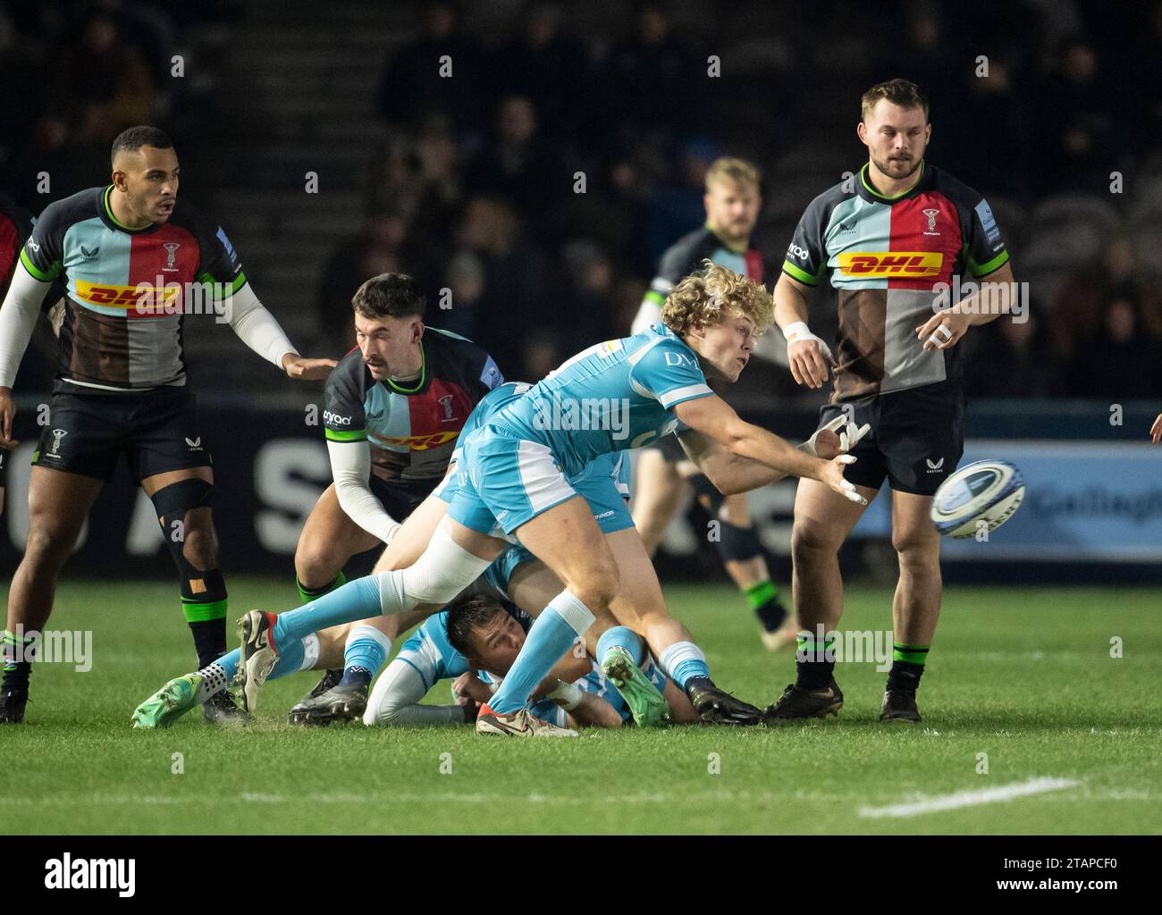 Sale Sharks Gus Warr en action pendant les Harlequins v sale Sharks, Gallagher Premiership, Rugby, Twickenham Stoop, Londres, Royaume-Uni le 1 décembre 2023. Photo de Gary Mitchell/Alamy Live News Banque D'Images