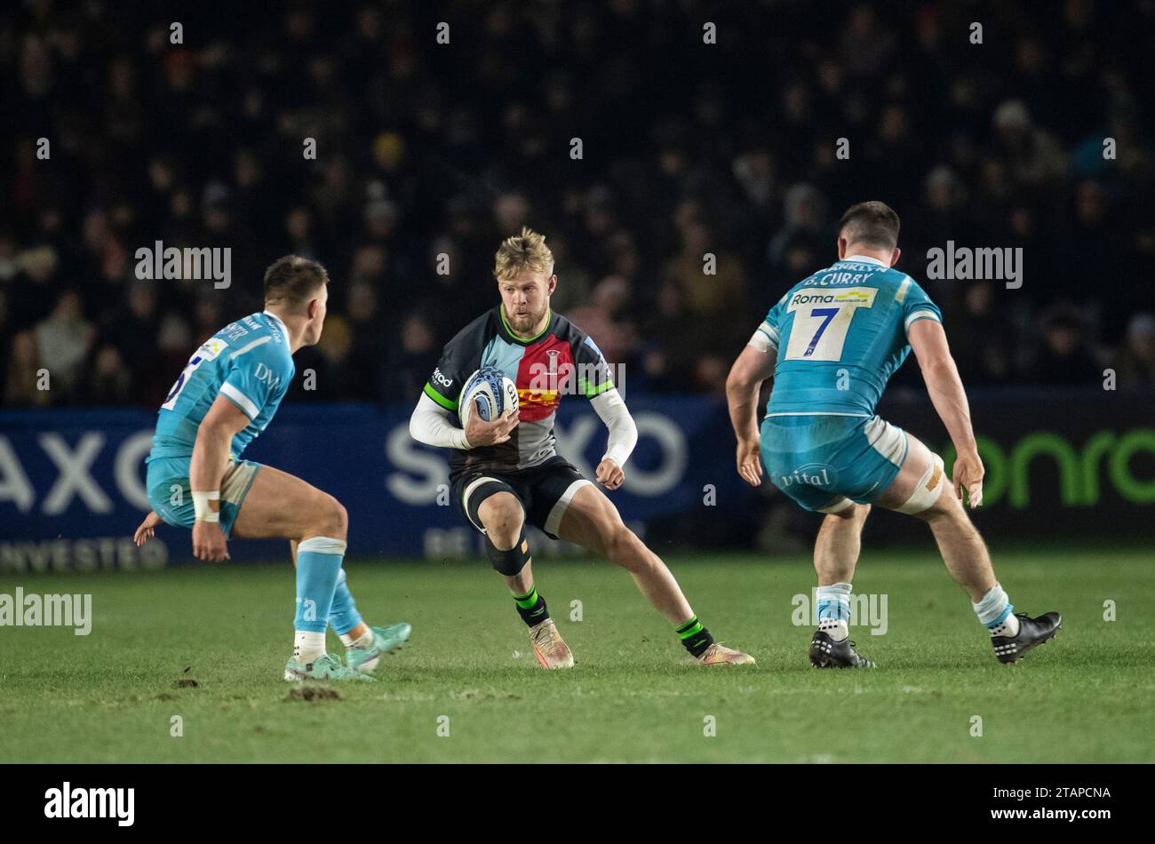 Harlequins Tyrone Green en action lors des Harlequins v sale Sharks, Gallagher Premiership, Rugby, Twickenham Stoop, Londres, Royaume-Uni le 1 décembre 2023. Photo de Gary Mitchell/Alamy Live News Banque D'Images