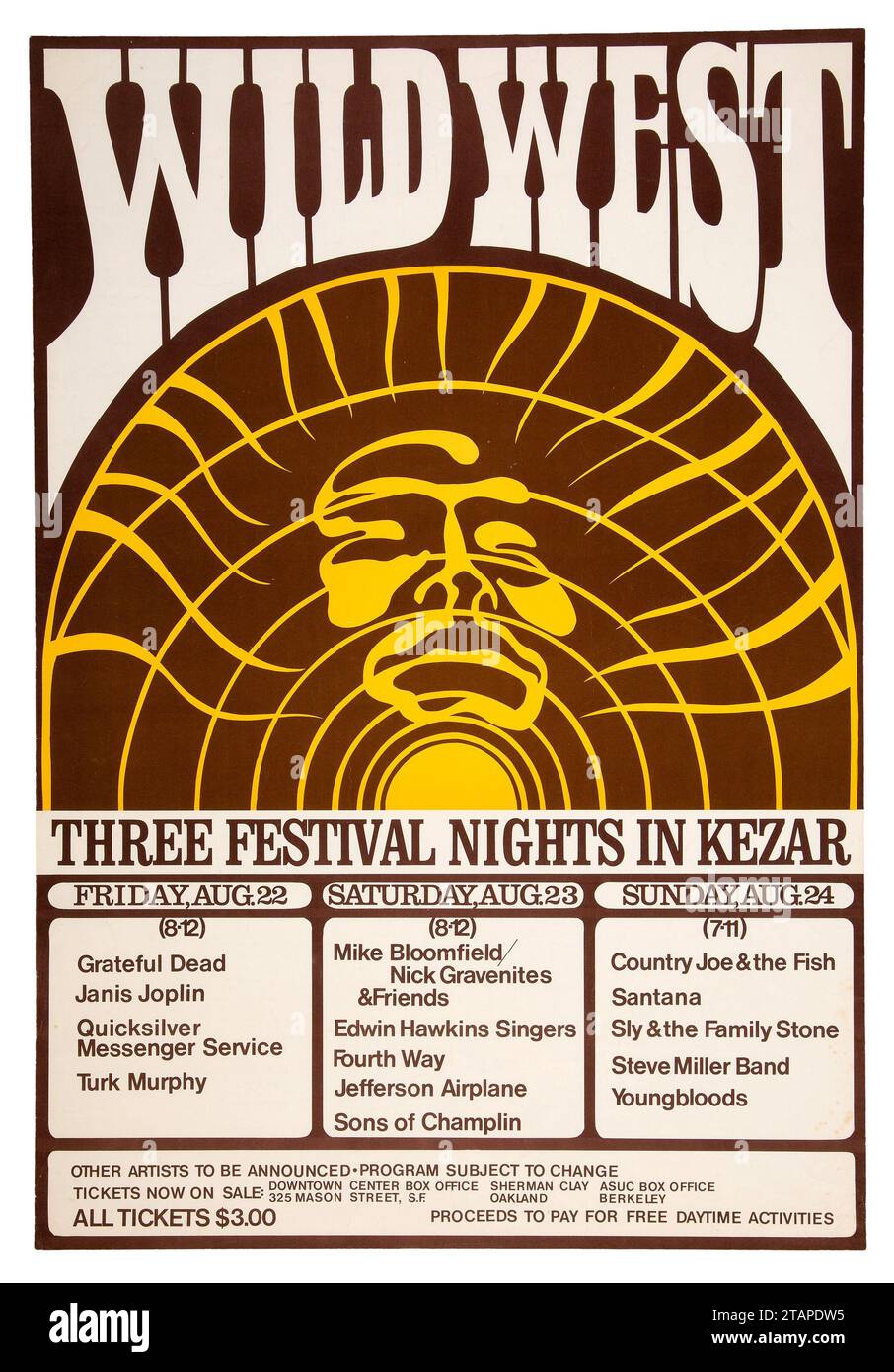 Grateful Dead, Janis Joplin, Quicksilver Messenger Service, Mike Bloomfield, Jefferson Airplane, Santana, Steve Miller Band, Sly and the Family Stone - 1969 'Wild Wet' Festival San Francisco - affiche de concert Banque D'Images